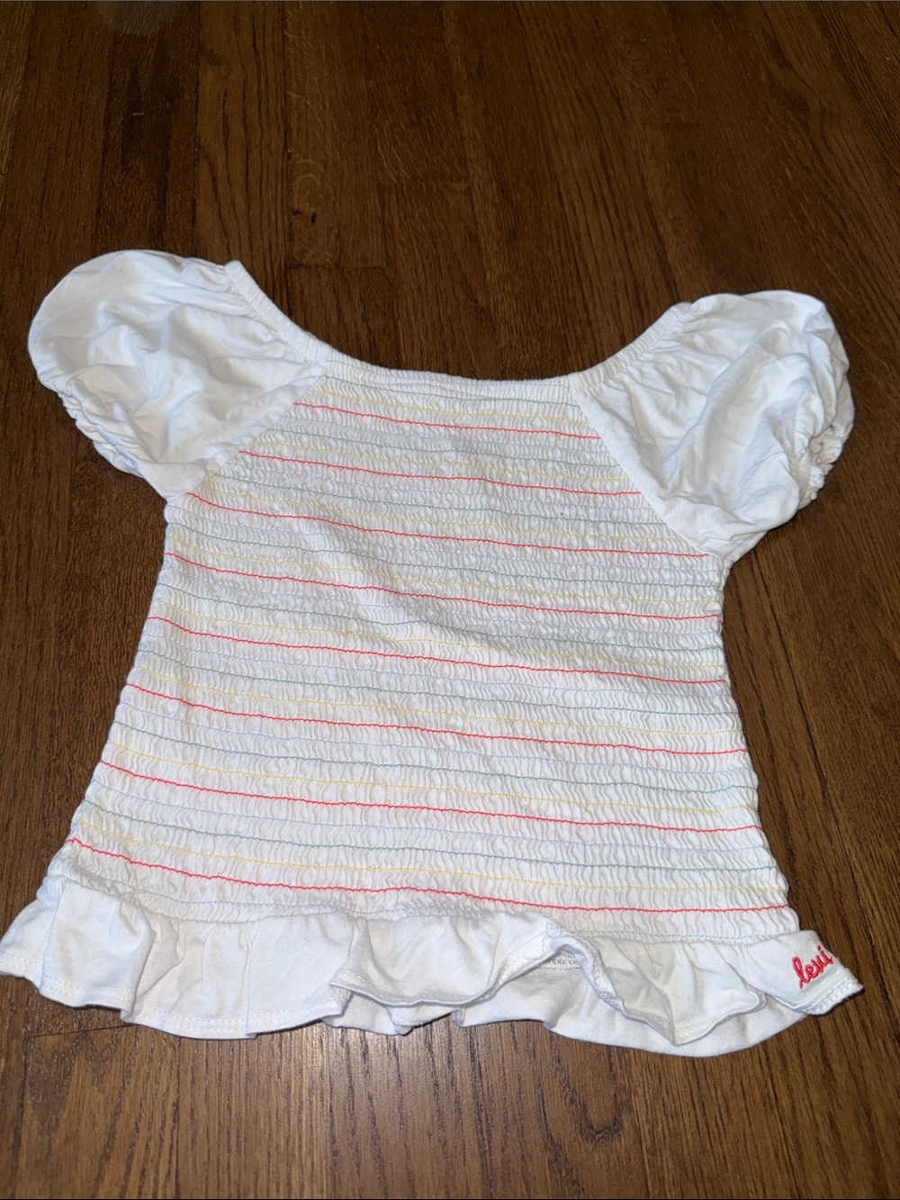 Levi's White Smocked Puff Sleeve Top with Pink Stripes